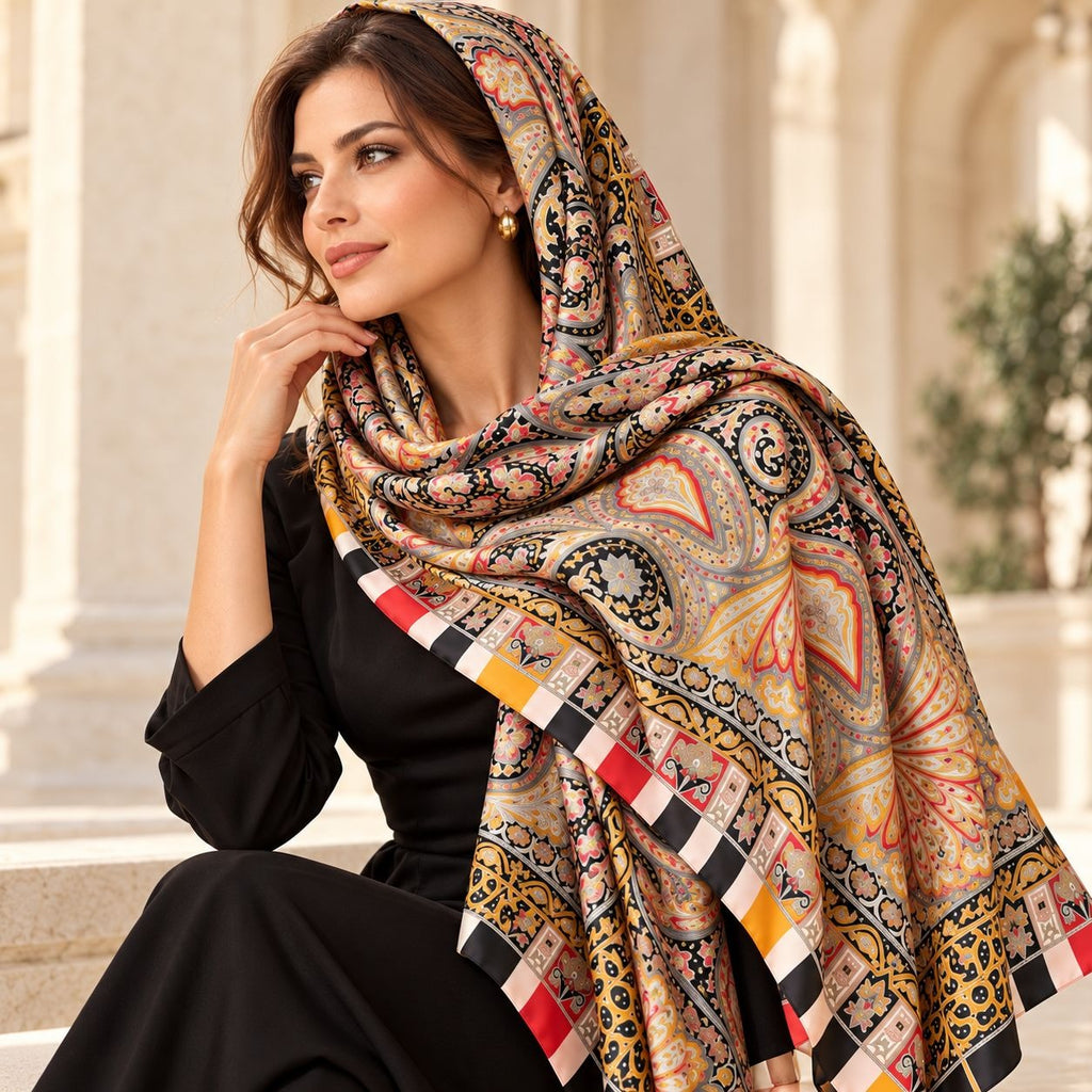 A woman wearing a black outfit and a large patterned shawl draped over her shoulders, posed in front of a classical stone building.