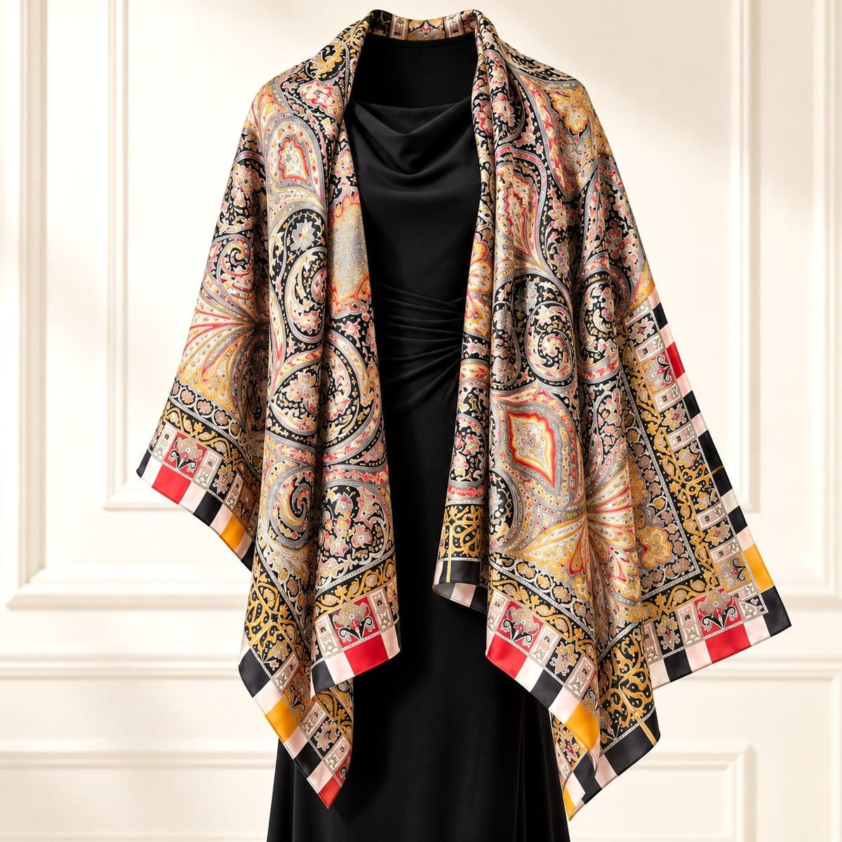 Black Multicolor Paisley Satin Polyester Scarf 72x32 Long Wrap Shawl Stole
