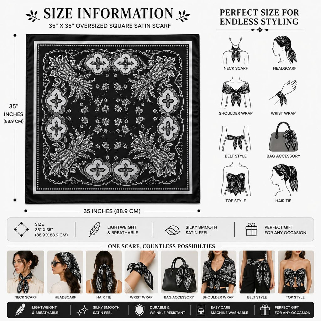 Womens Black Paisley Square Scarf Wild Rag Neck Head Wrap Bag Accessory Boho Western 35x35