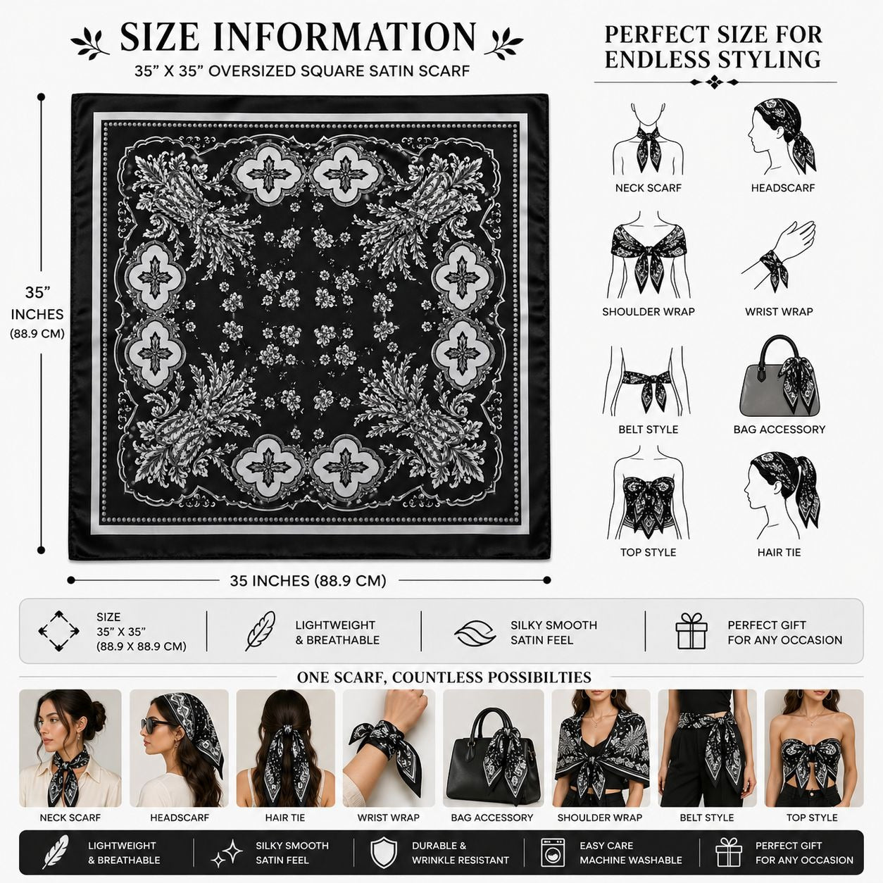 Womens Black Paisley Square Scarf Wild Rag Neck Head Wrap Bag Accessory Boho Western 35x35