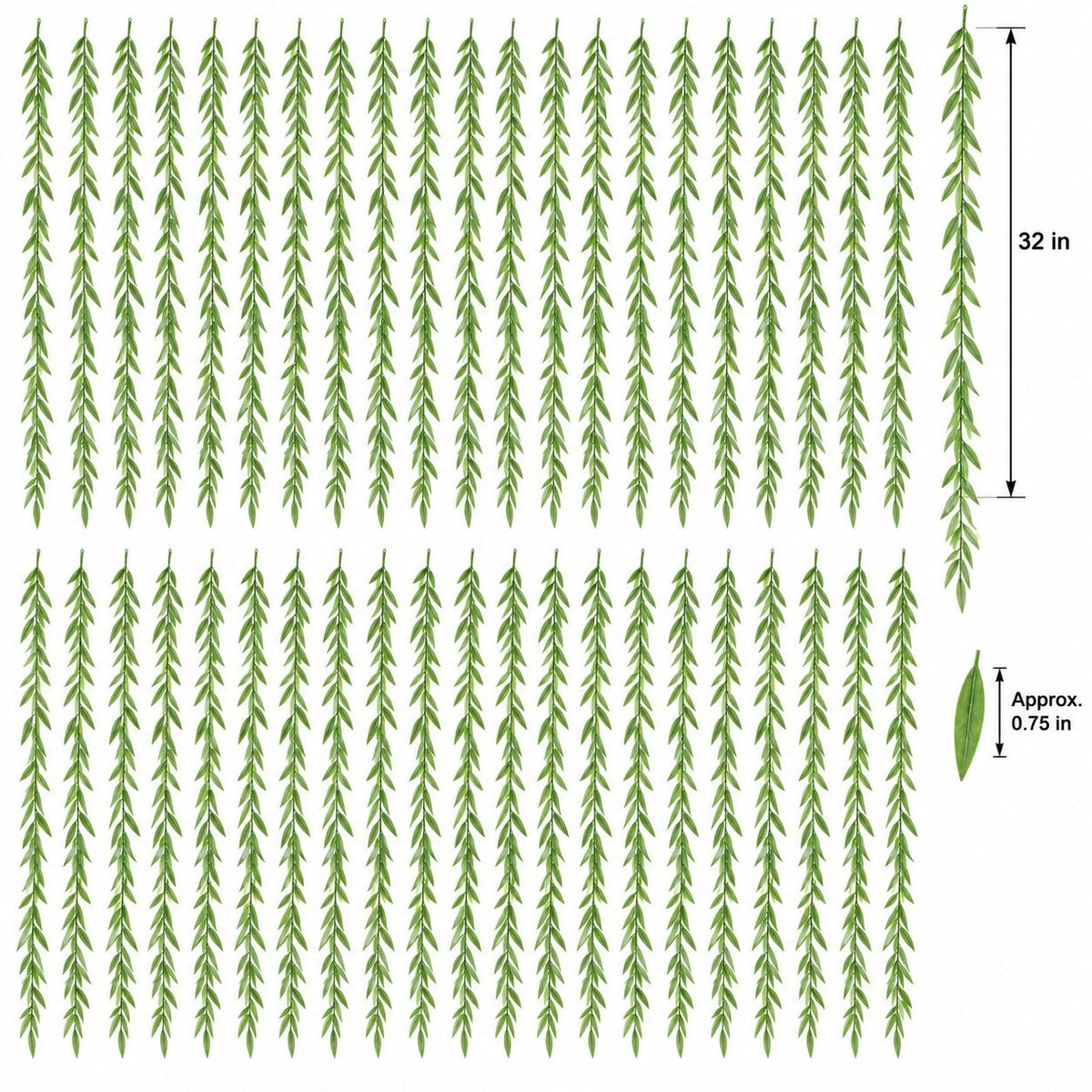 A green leafy vine or plant shown in a grid layout with dimension callouts indicating a total height of 32 inches and a single leaf approximately 0.75 inches.