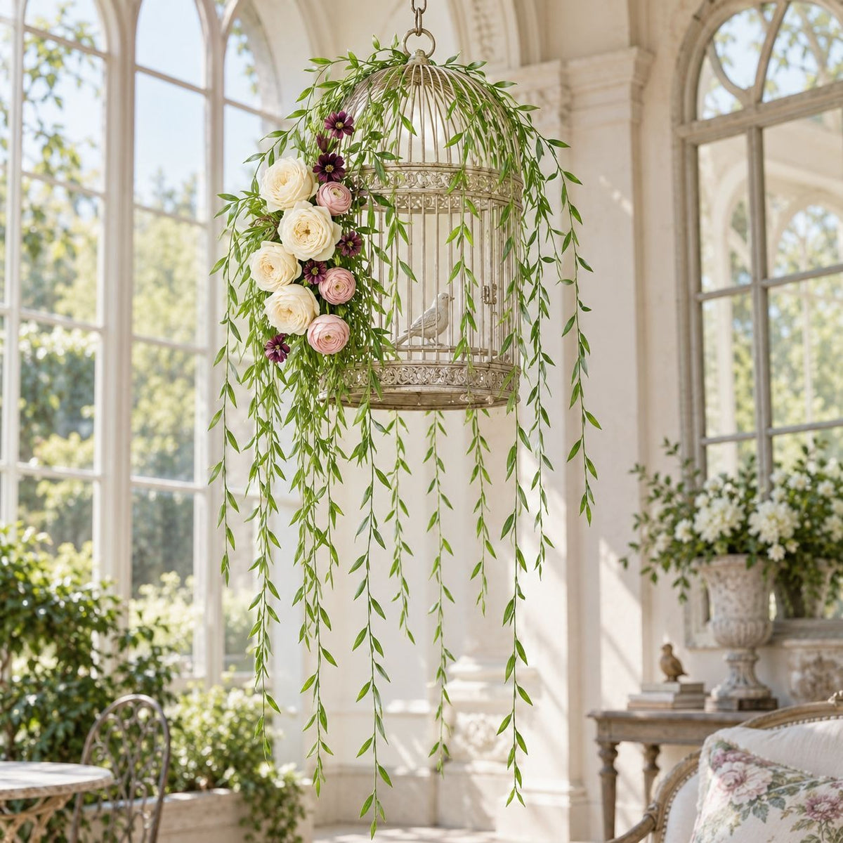 A decorative hanging birdcage floral arrangement with long green leafy vines, cream and blush flowers, and a small white bird figure, displayed indoors in a bright classical room with large windows.