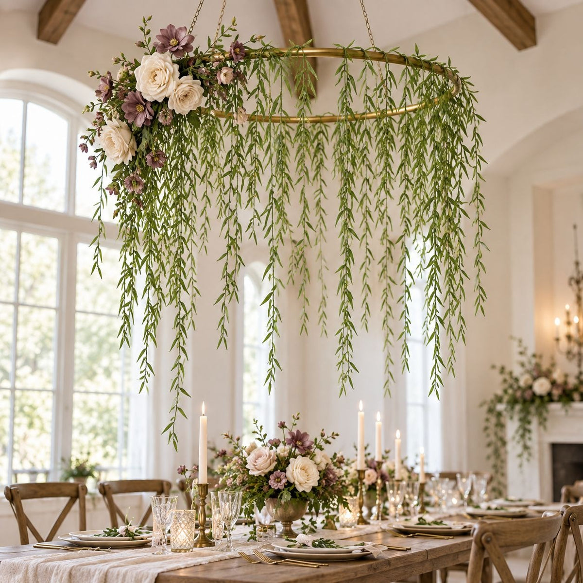 A large circular gold chandelier decorated with green trailing foliage and cream and mauve floral arrangements, hanging over a styled dining table in a bright, rustic dining room.