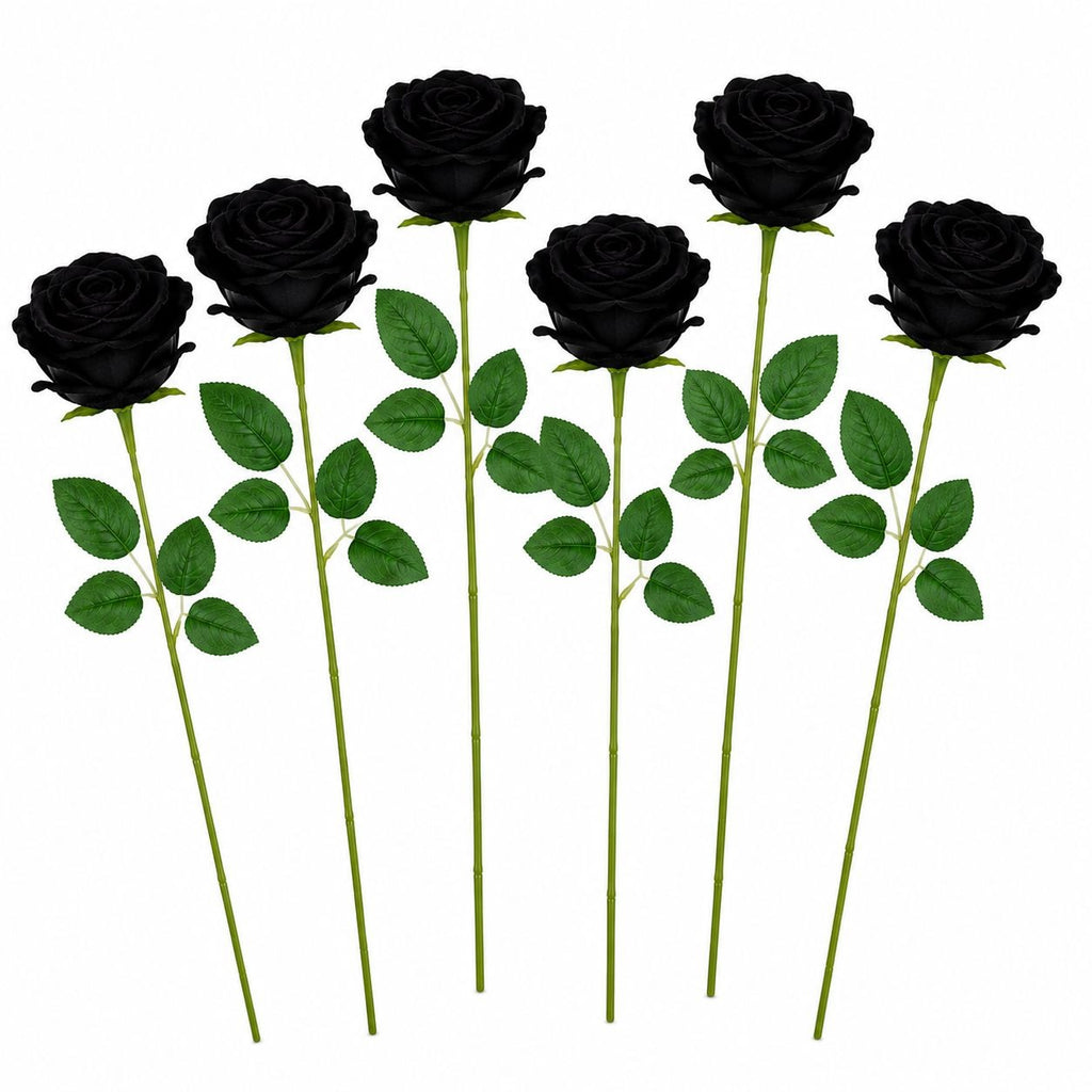 Set of 6 Black Velvet Roses Gothic Artificial Flowers Moody Wedding Roses Halloween Floral Decor Long Stem Faux Roses