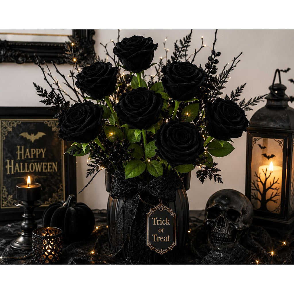 Set of 6 Black Velvet Roses Gothic Artificial Flowers Moody Wedding Roses Halloween Floral Decor Long Stem Faux Roses