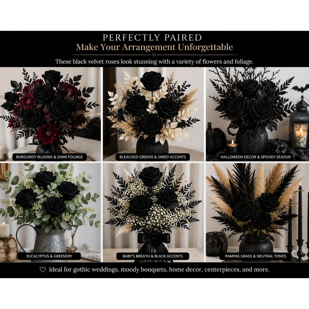 Set of 6 Black Velvet Roses Gothic Artificial Flowers Moody Wedding Roses Halloween Floral Decor Long Stem Faux Roses
