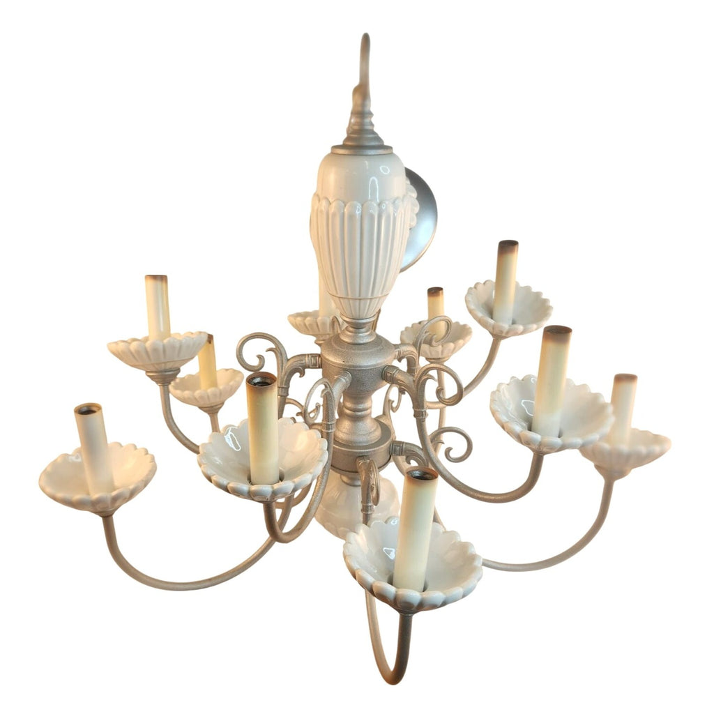 Vintage 2-Tier UL Chandelier 10-Light Ceramic & Metal Scalloped Design 26" H 22" W