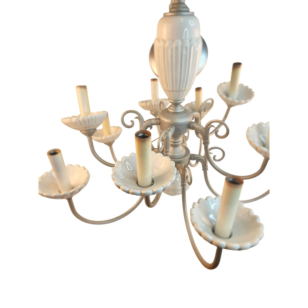 Vintage 2-Tier UL Chandelier 10-Light Ceramic & Metal Scalloped Design 26" H 22" W