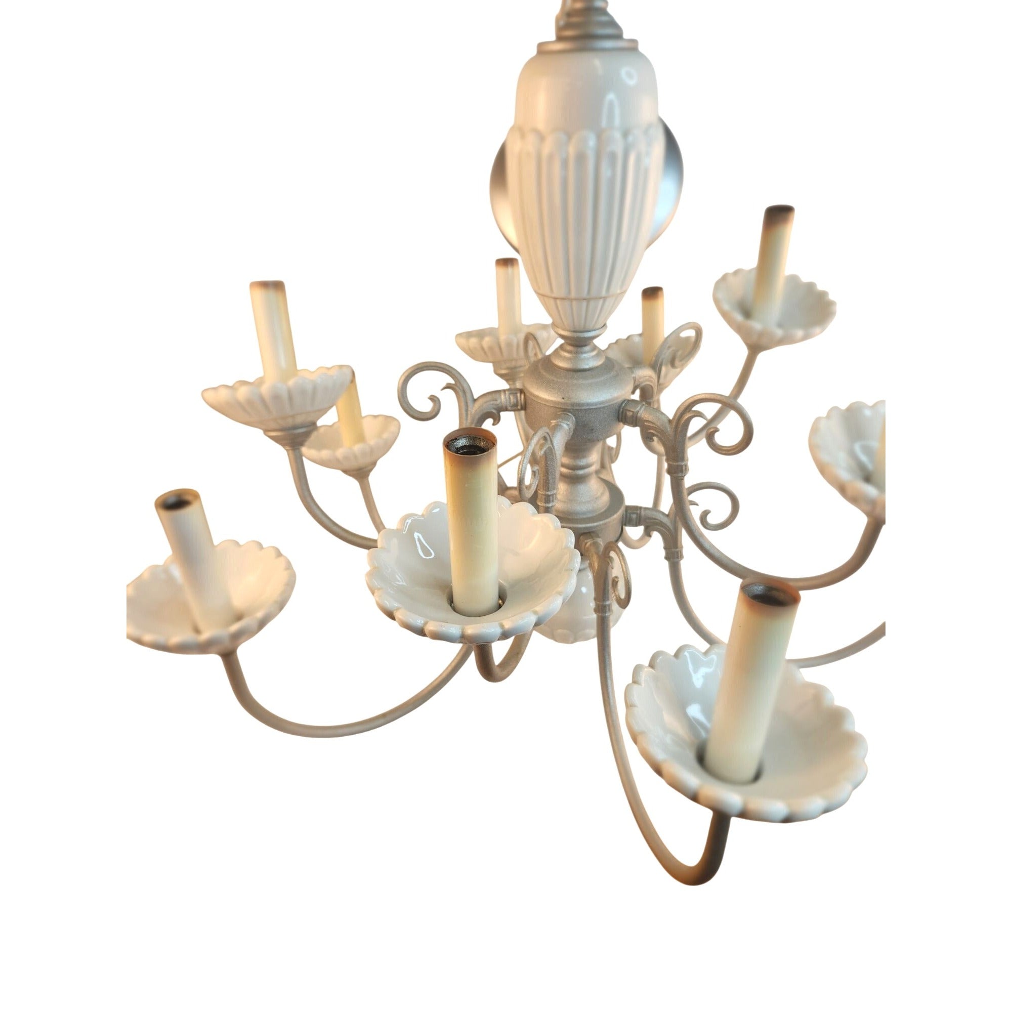 Vintage 2-Tier UL Chandelier 10-Light Ceramic & Metal Scalloped Design 26" H 22" W