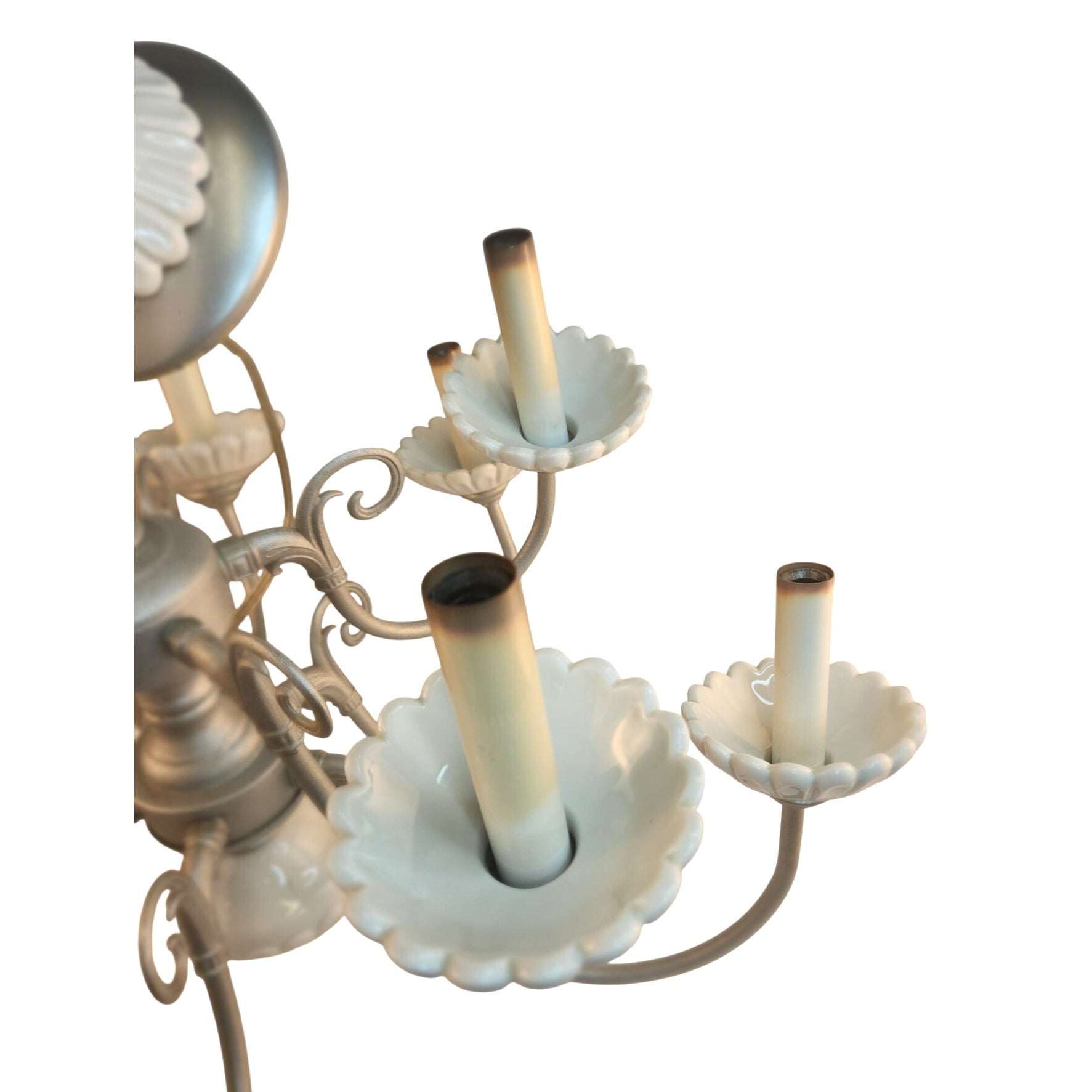 Vintage 2-Tier UL Chandelier 10-Light Ceramic & Metal Scalloped Design 26" H 22" W