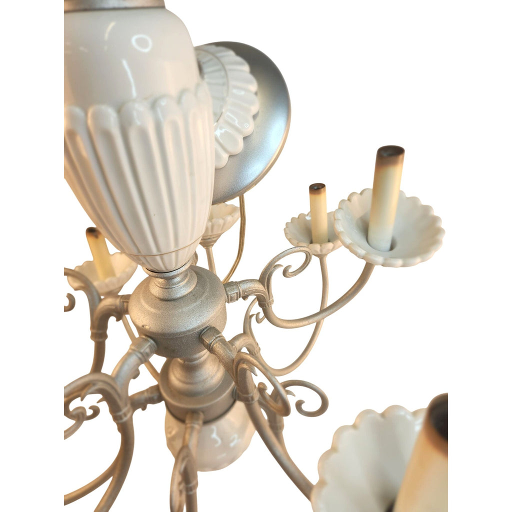 Vintage 2-Tier UL Chandelier 10-Light Ceramic & Metal Scalloped Design 26" H 22" W