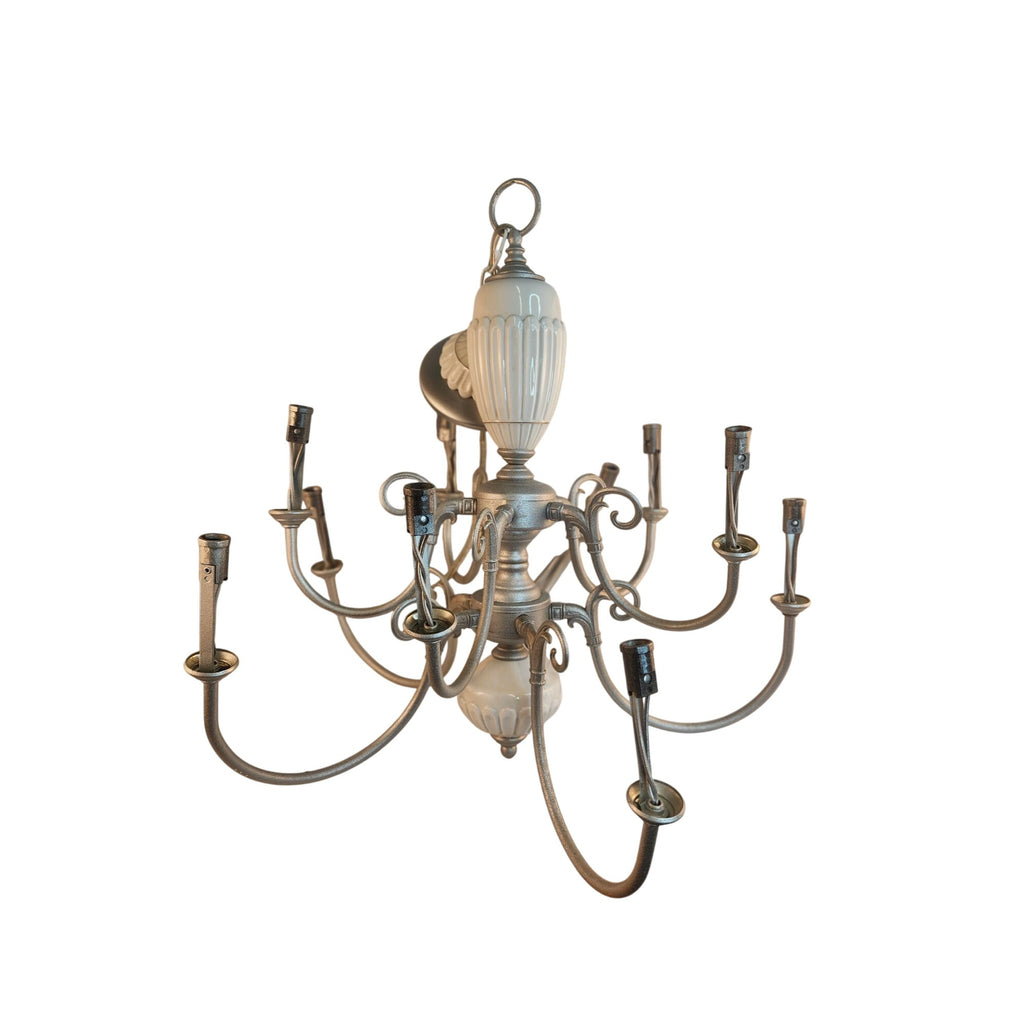 Vintage 2-Tier UL Chandelier 10-Light Ceramic & Metal Scalloped Design 26" H 22" W