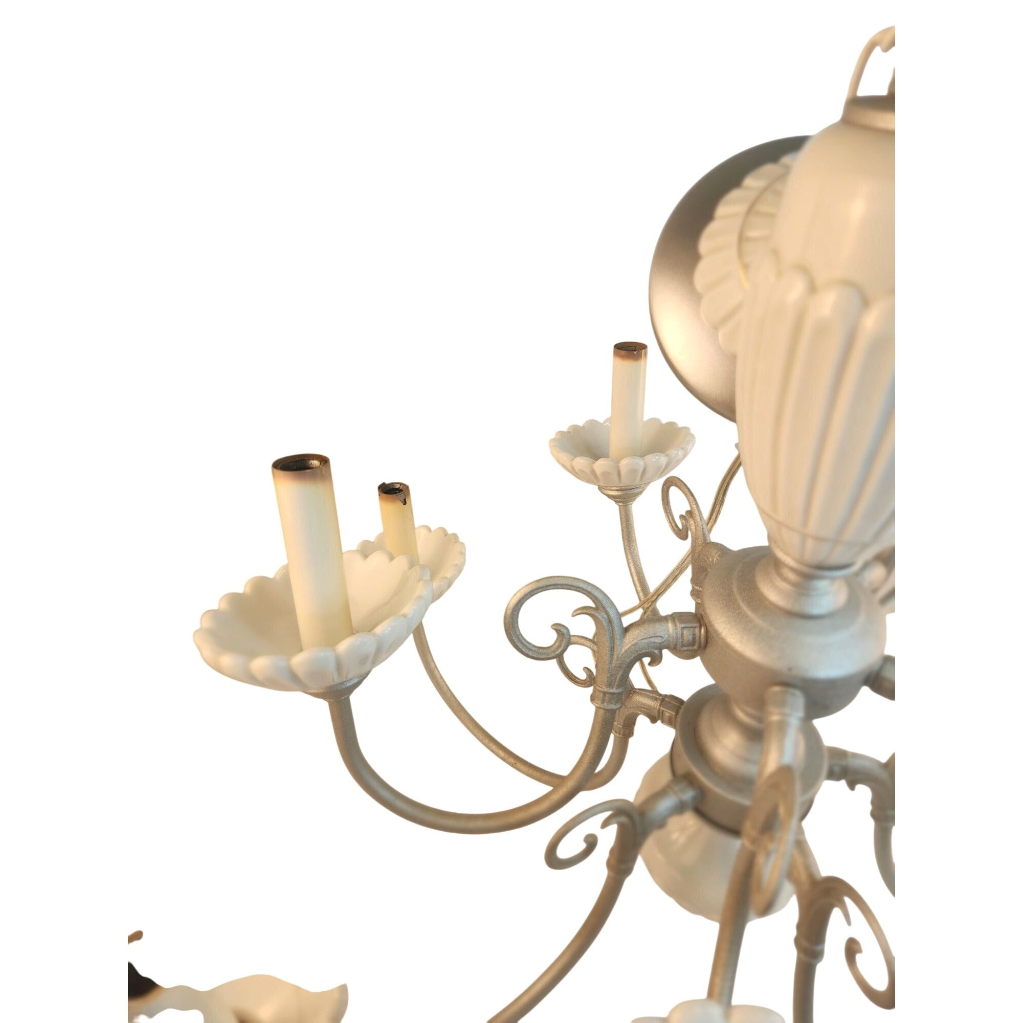 Vintage 2-Tier UL Chandelier 10-Light Ceramic & Metal Scalloped Design 26" H 22" W