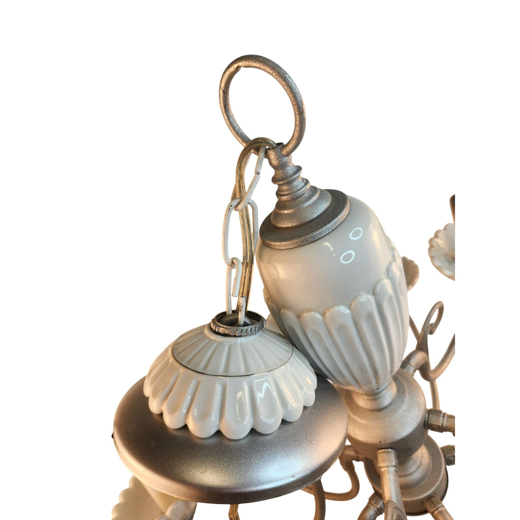 Vintage 2-Tier UL Chandelier 10-Light Ceramic & Metal Scalloped Design 26" H 22" W