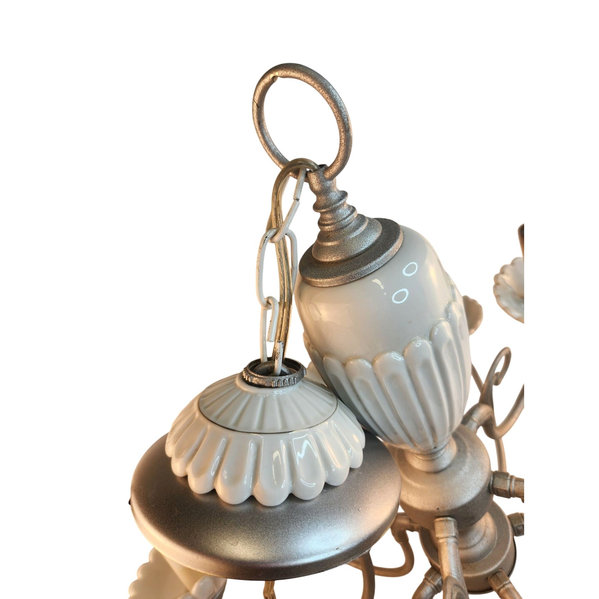 Vintage 2-Tier UL Chandelier 10-Light Ceramic & Metal Scalloped Design 26" H 22" W