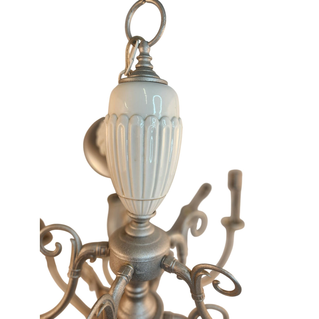 Vintage 2-Tier UL Chandelier 10-Light Ceramic & Metal Scalloped Design 26" H 22" W