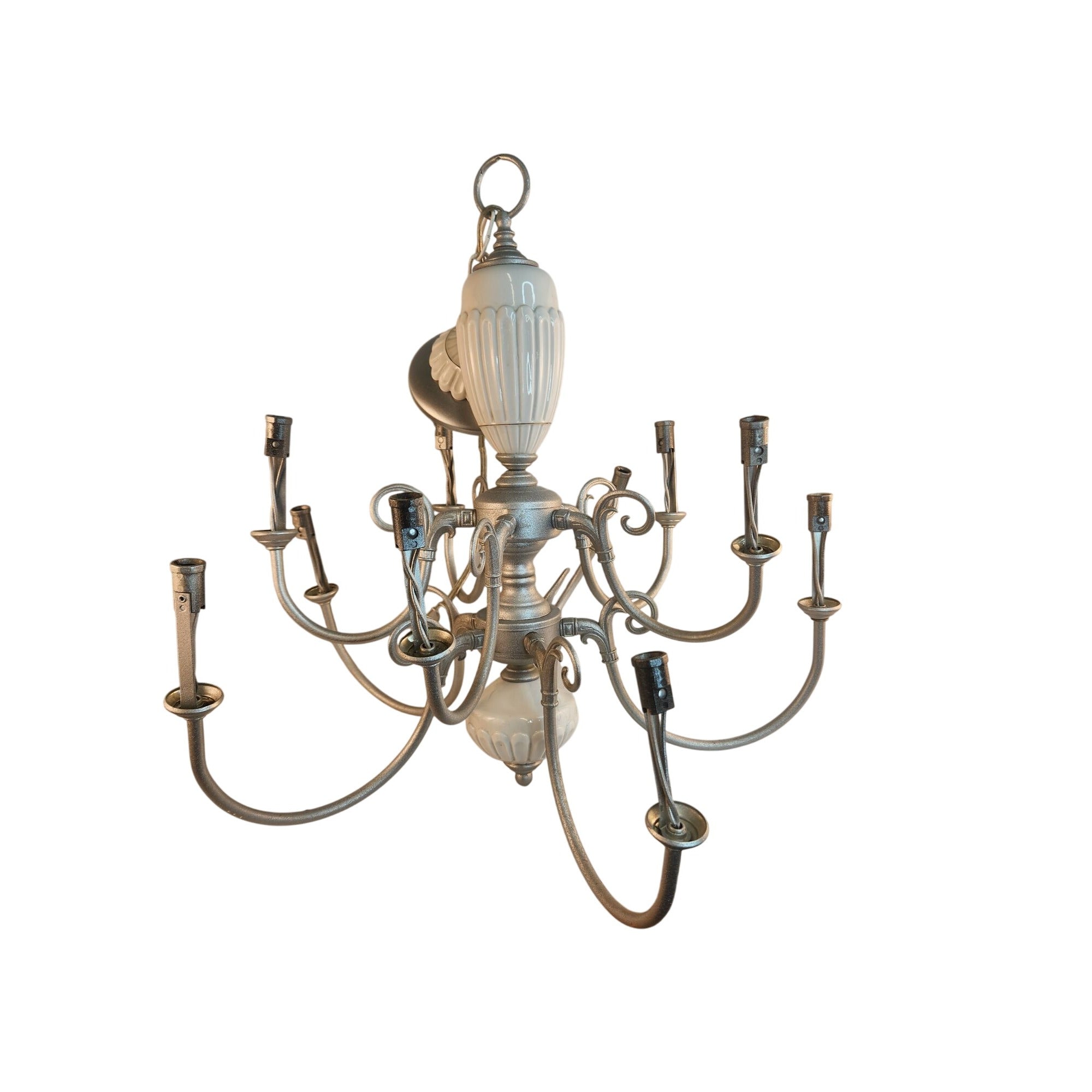 Vintage 2-Tier UL Chandelier 10-Light Ceramic & Metal Scalloped Design 26" H 22" W