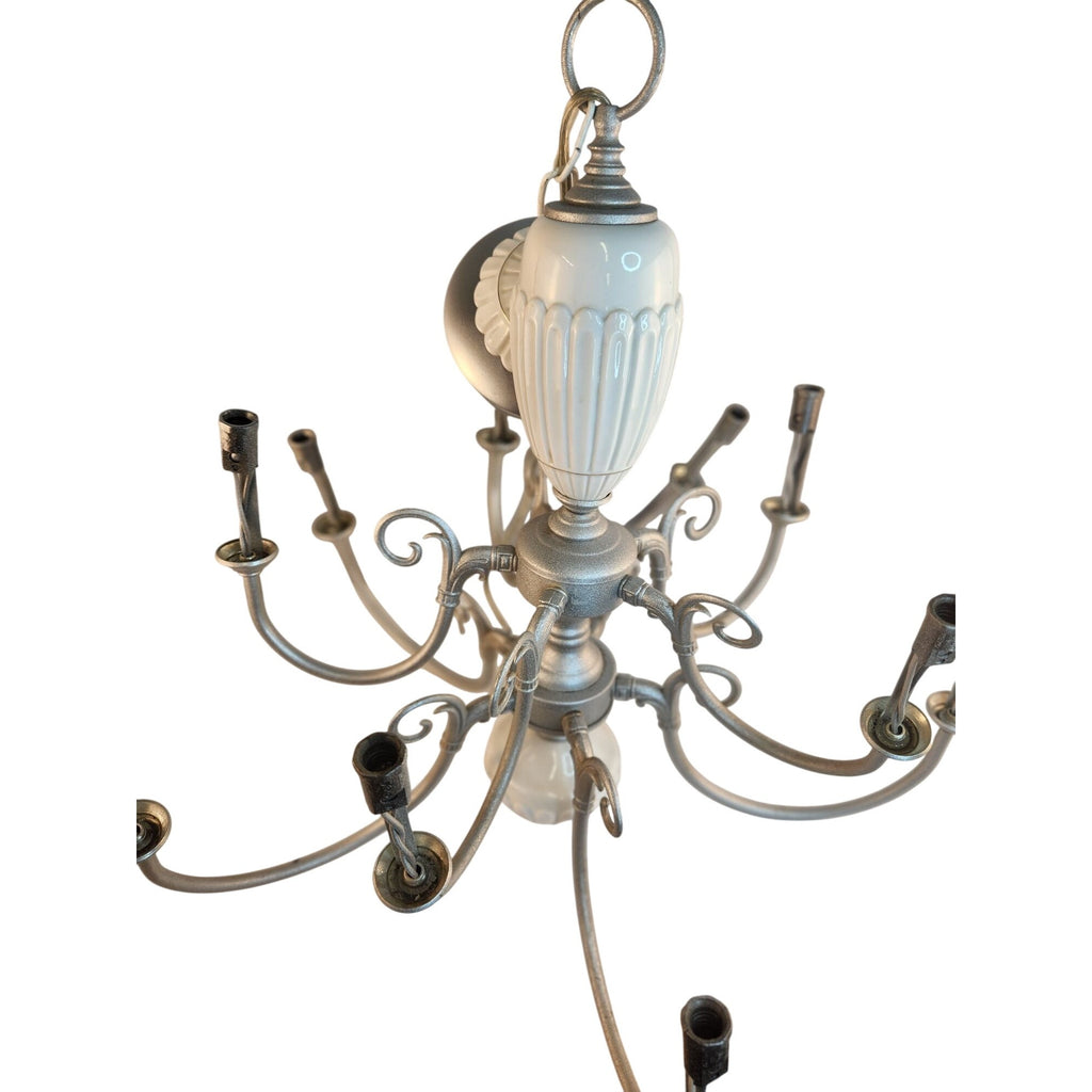 Vintage 2-Tier UL Chandelier 10-Light Ceramic & Metal Scalloped Design 26" H 22" W