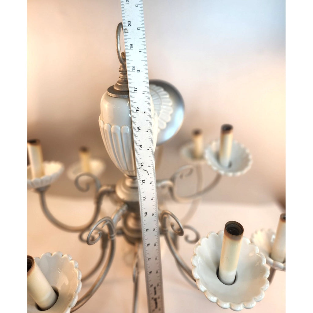 Vintage 2-Tier UL Chandelier 10-Light Ceramic & Metal Scalloped Design 26" H 22" W