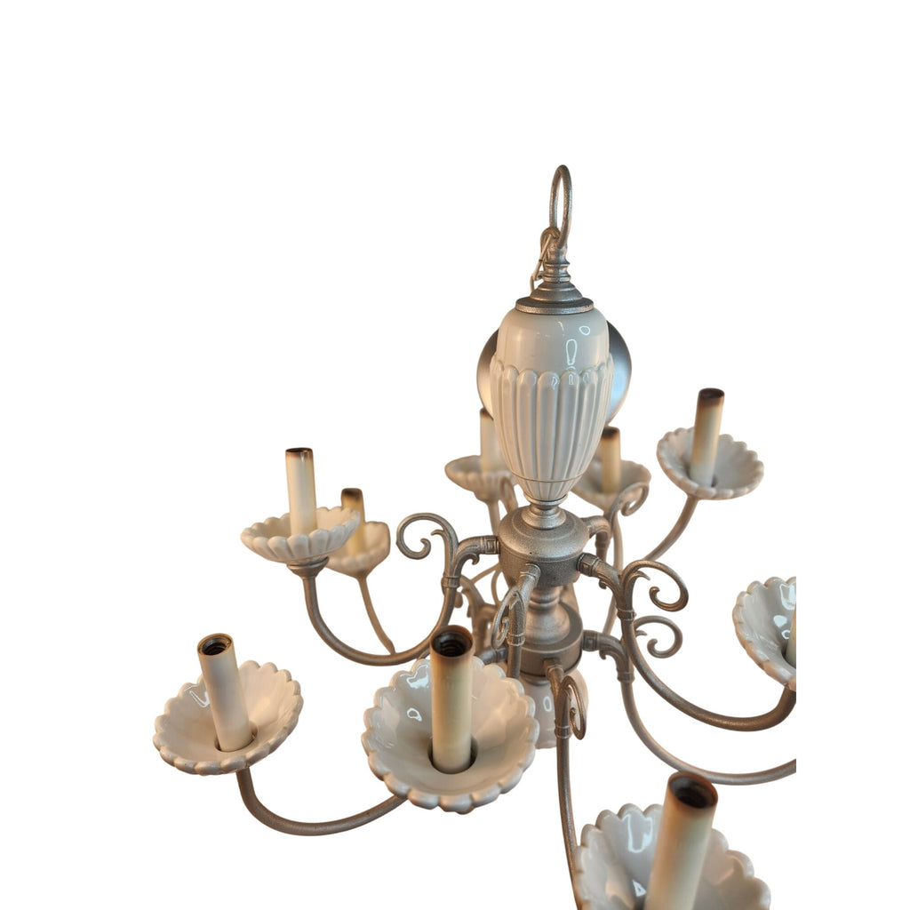 Vintage 2-Tier UL Chandelier 10-Light Ceramic & Metal Scalloped Design 26" H 22" W