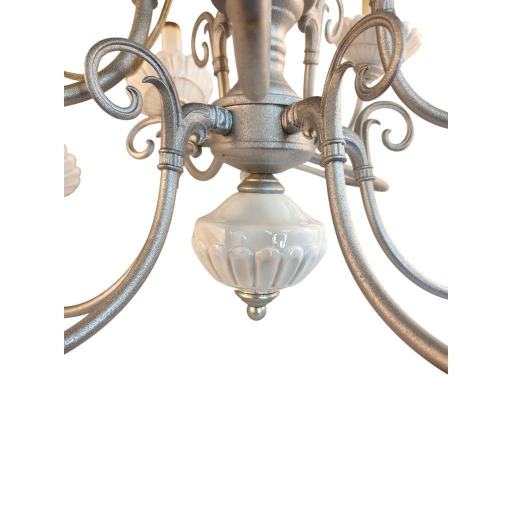 Vintage 2-Tier UL Chandelier 10-Light Ceramic & Metal Scalloped Design 26" H 22" W