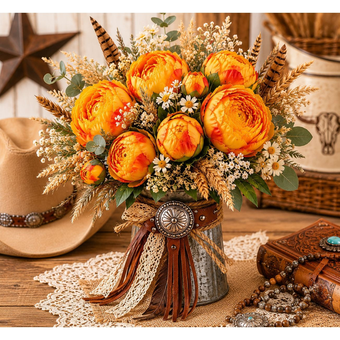 Golden Peony Bouquet Faux Flowers Autumn Decor Rustic Farmhouse Western Floral Arrangement Cabin Lodge Decor