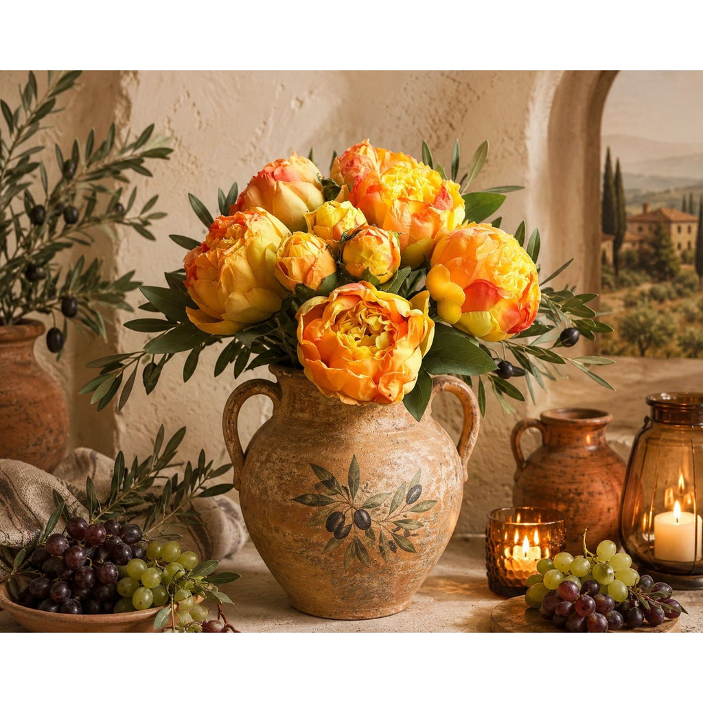 Golden Peony Bouquet Faux Flowers Autumn Decor Rustic Farmhouse Western Floral Arrangement Cabin Lodge Decor