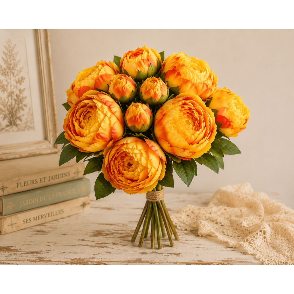 Golden Peony Bouquet Faux Flowers Autumn Decor Rustic Farmhouse Western Floral Arrangement Cabin Lodge Decor