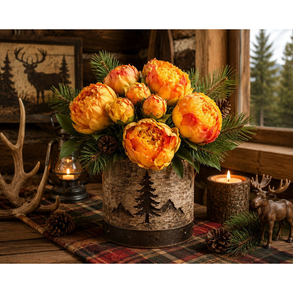 Golden Peony Bouquet Faux Flowers Autumn Decor Rustic Farmhouse Western Floral Arrangement Cabin Lodge Decor
