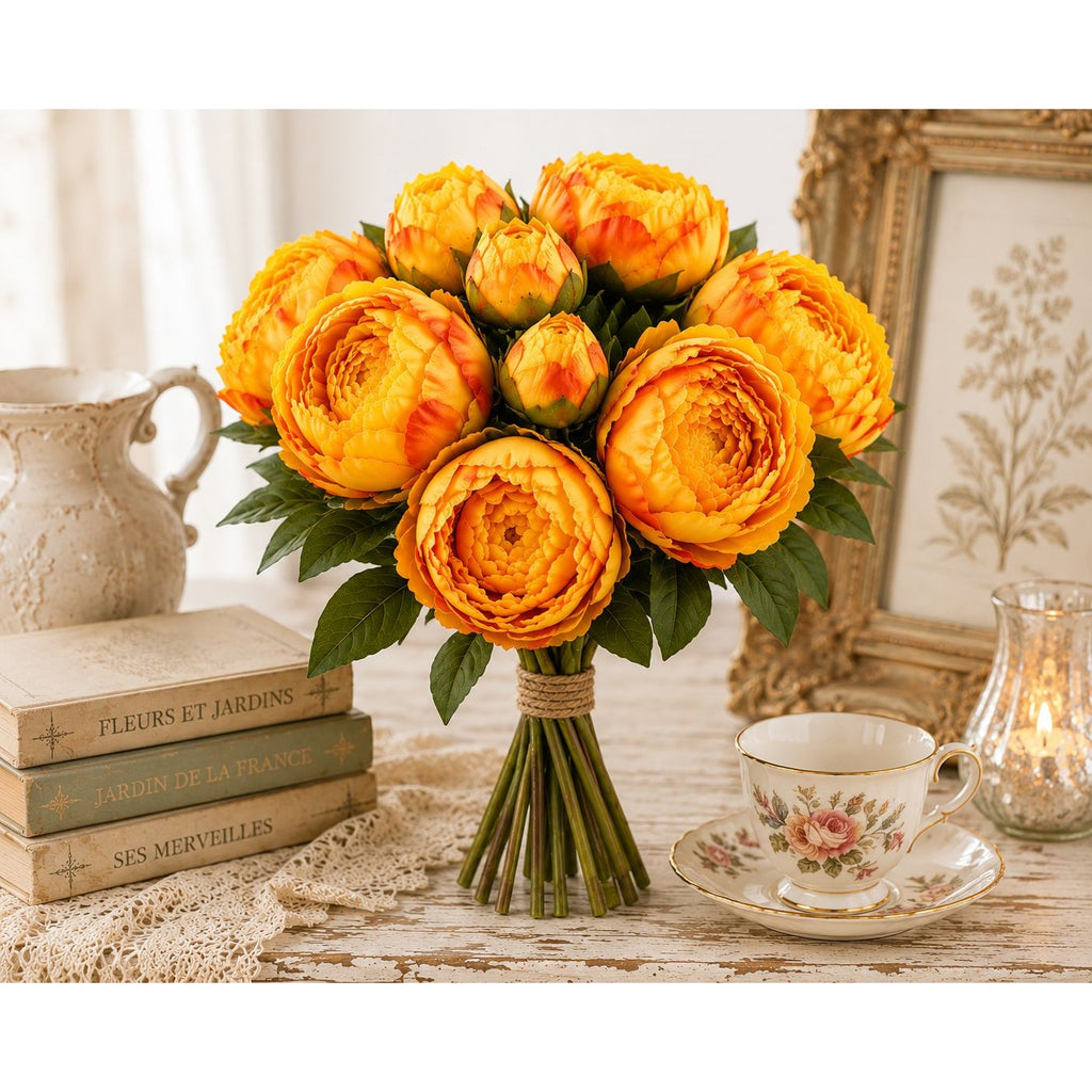 Golden Peony Bouquet Faux Flowers Autumn Decor Rustic Farmhouse Western Floral Arrangement Cabin Lodge Decor