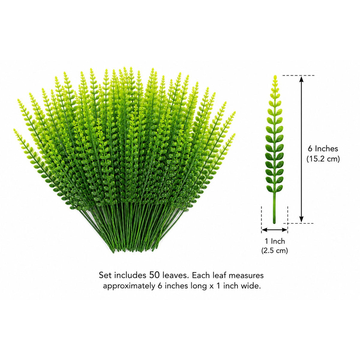 50 Artificial Boston Fern Leaves 6 Inch Faux Greenery Plastic Fern Foliage for Wreaths Centerpieces Corsages and Wedding Floral Crafts