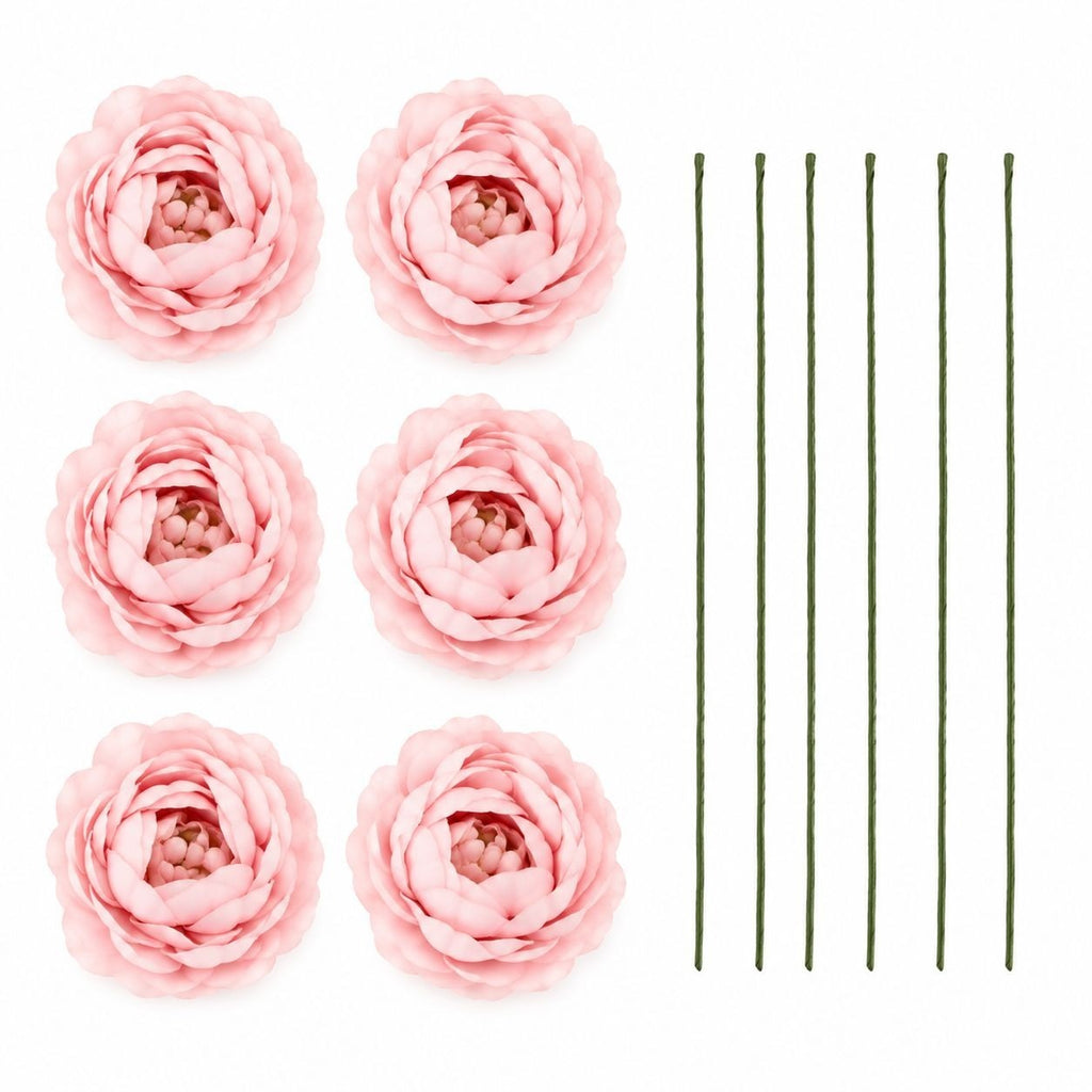 Blush Pink Artificial Ranunculus Peony Flowers Set of 6 Wire Stems