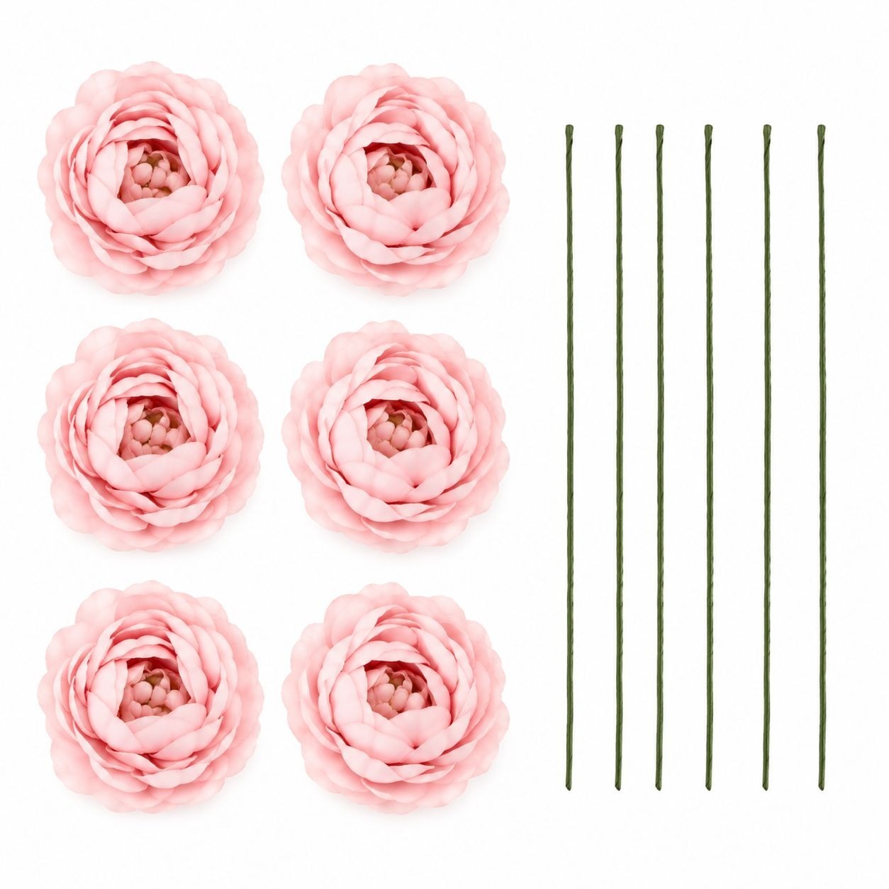 Blush Pink Artificial Ranunculus Peony Flowers Set of 6 Wire Stems