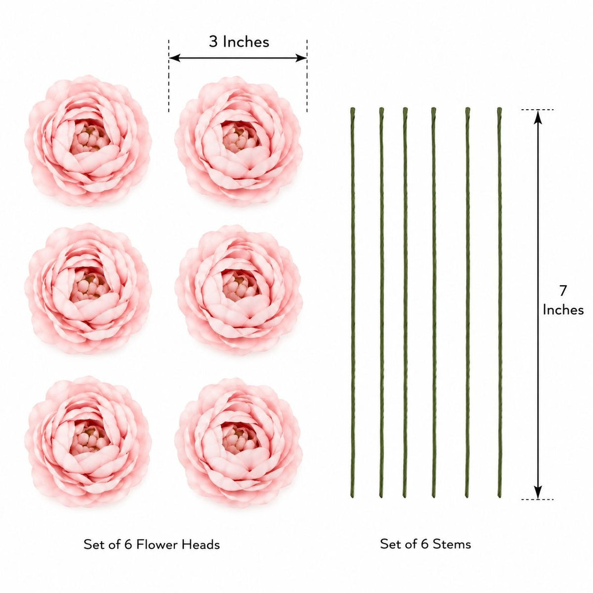 Blush Pink Artificial Ranunculus Peony Flowers Set of 6 Wire Stems