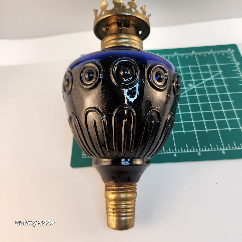 Vintage Blue Glass Mini Oil Lamp | Brass Crown Burner | Made in Hong Kong