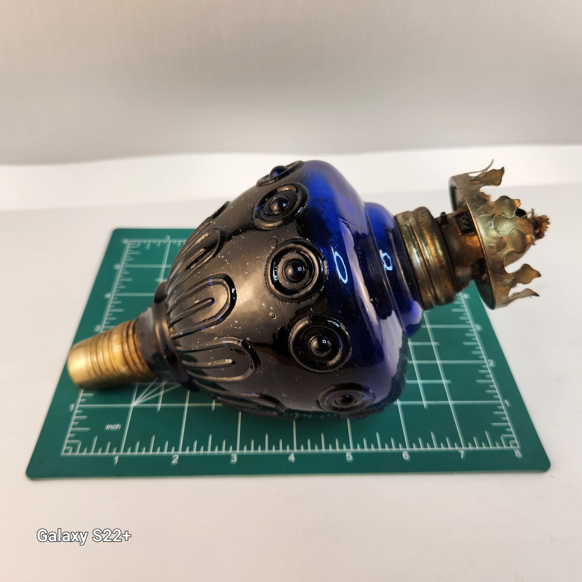 Vintage Blue Glass Mini Oil Lamp | Brass Crown Burner | Made in Hong Kong