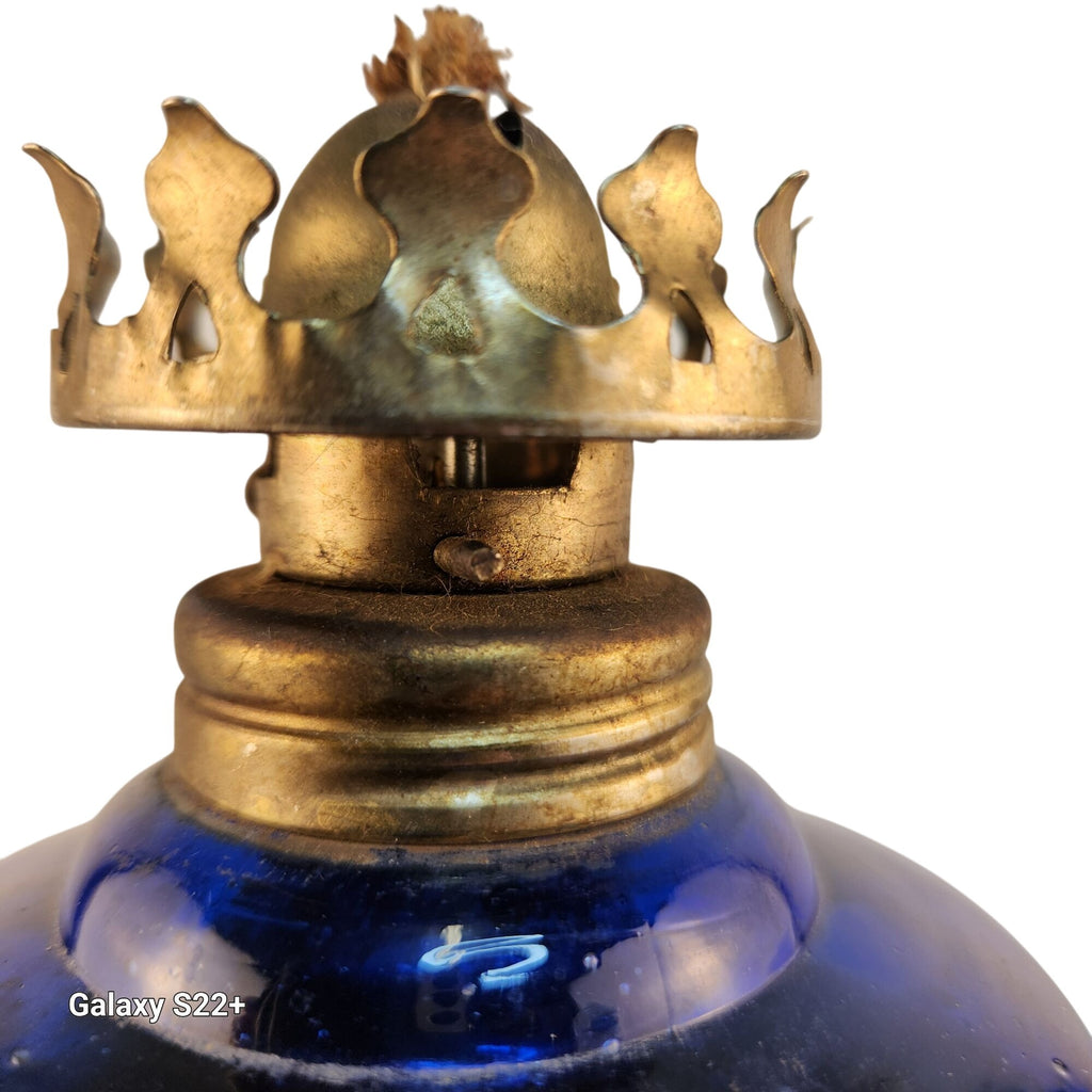 Vintage Blue Glass Mini Oil Lamp | Brass Crown Burner | Made in Hong Kong