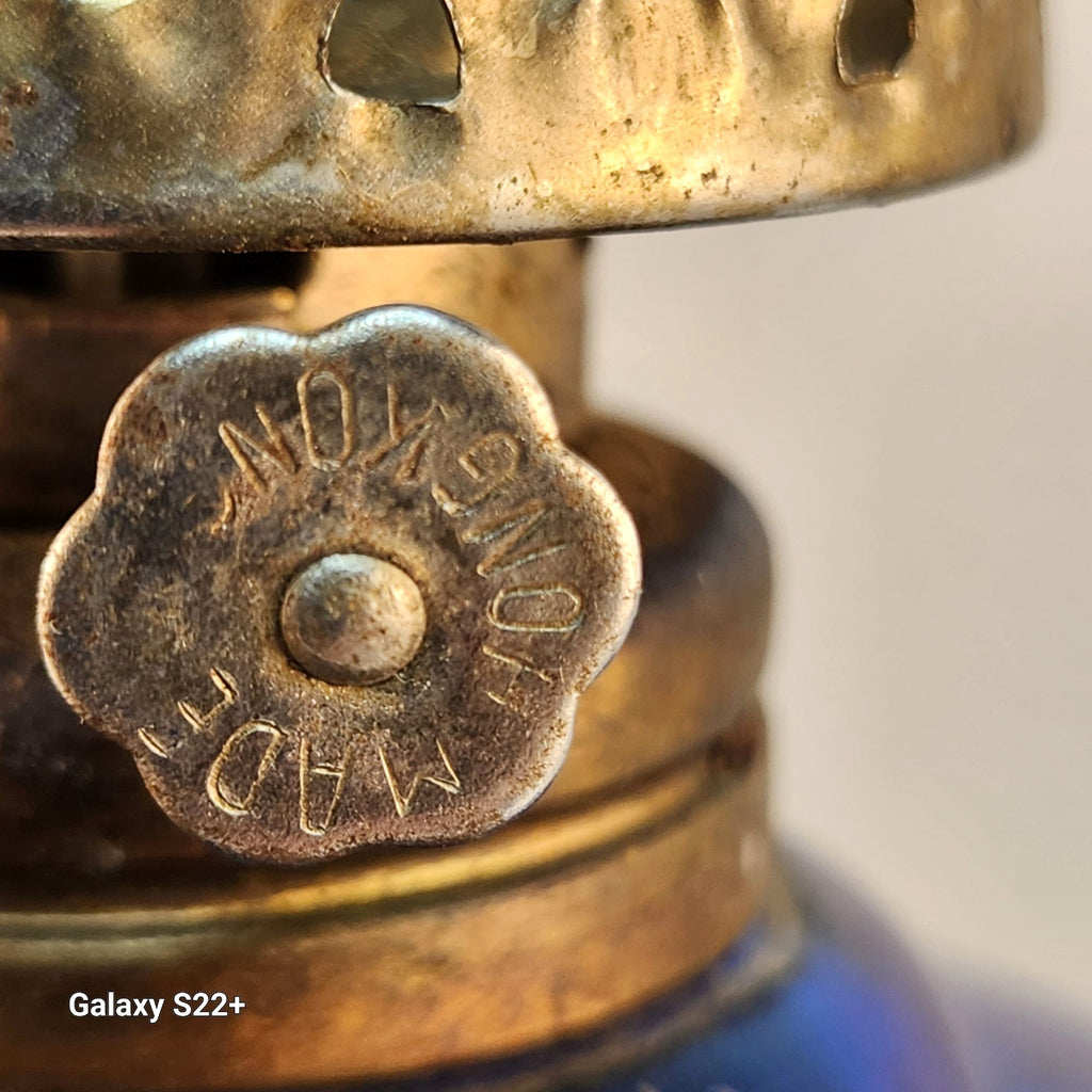 Vintage Blue Glass Mini Oil Lamp | Brass Crown Burner | Made in Hong Kong