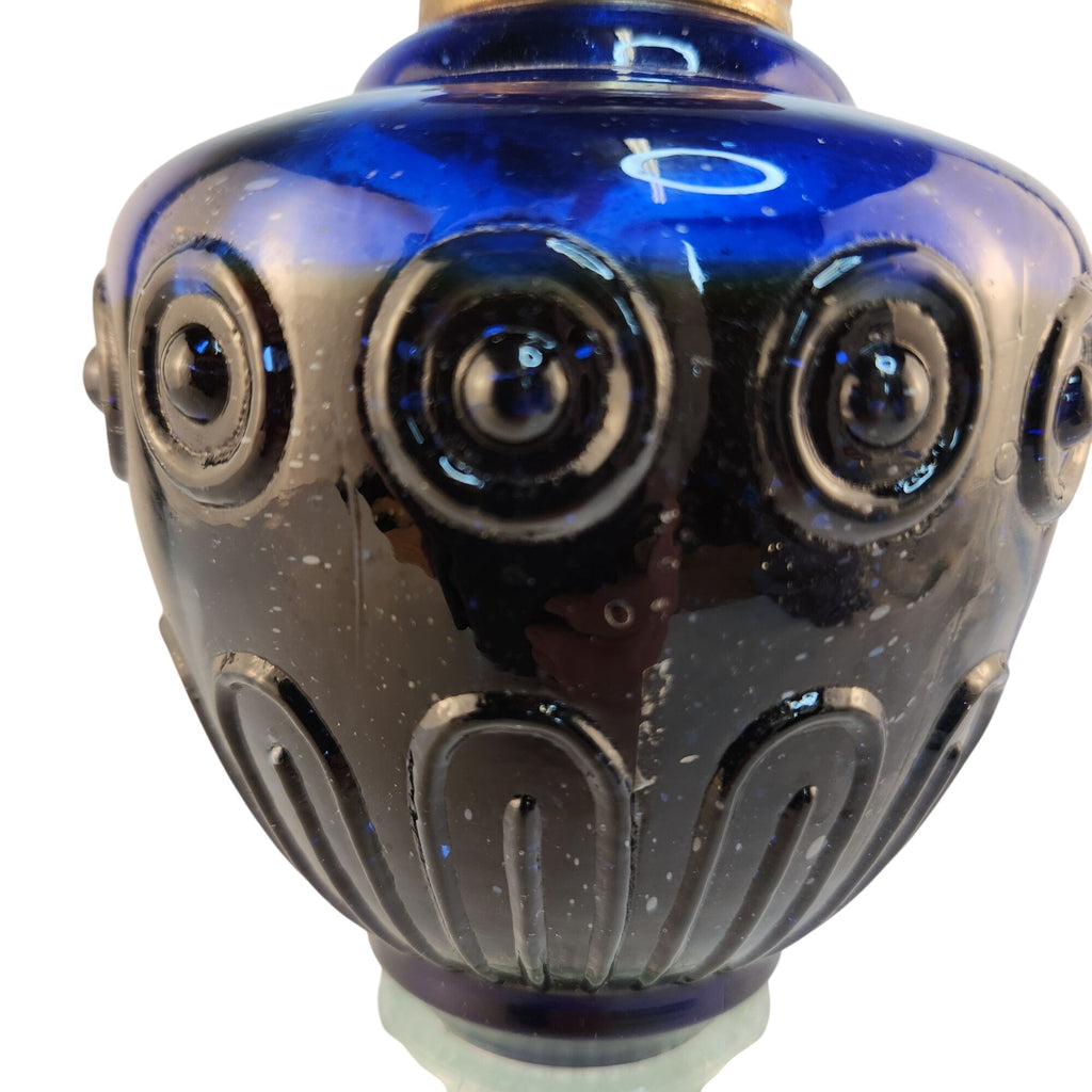 Vintage Blue Glass Mini Oil Lamp | Brass Crown Burner | Made in Hong Kong