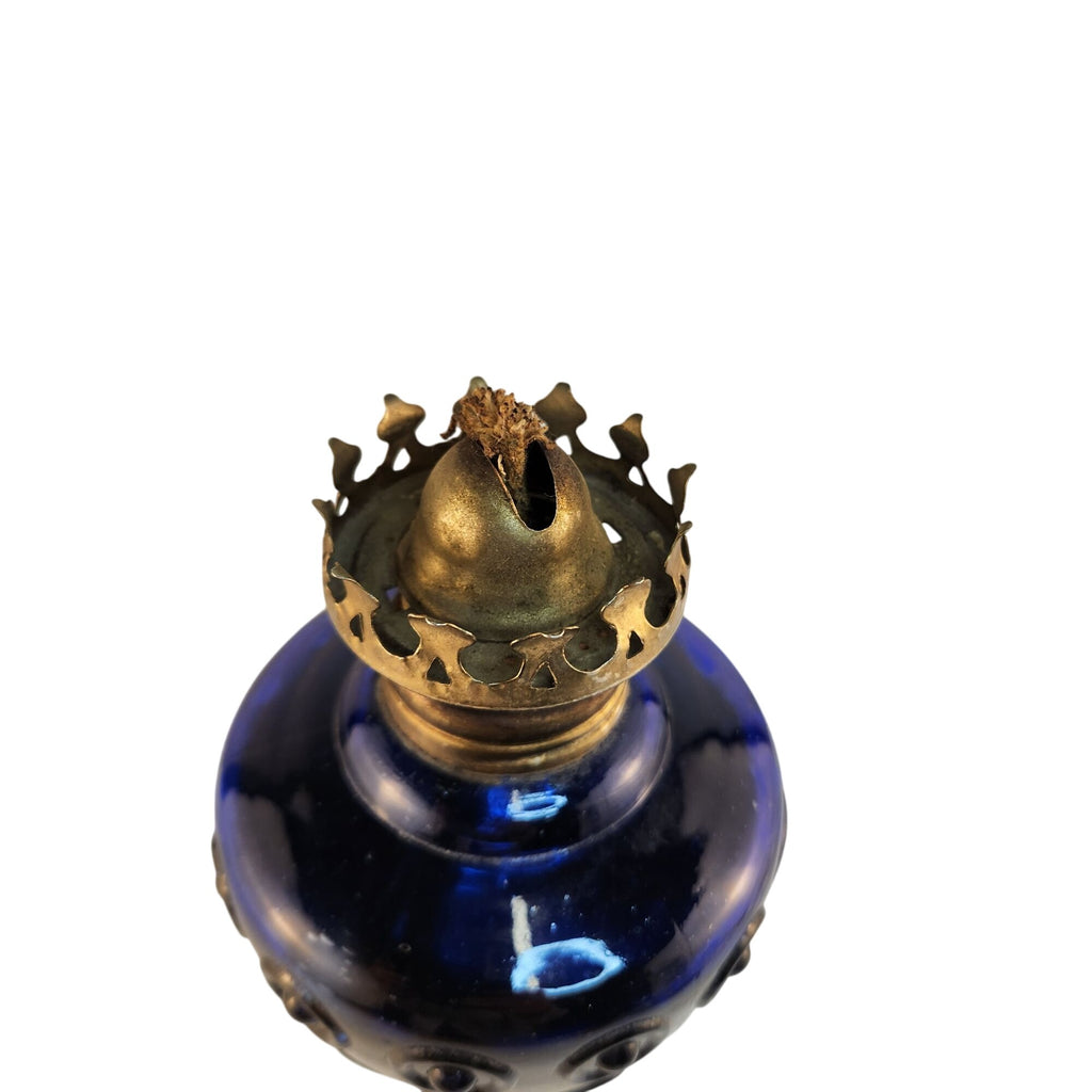 Vintage Blue Glass Mini Oil Lamp | Brass Crown Burner | Made in Hong Kong
