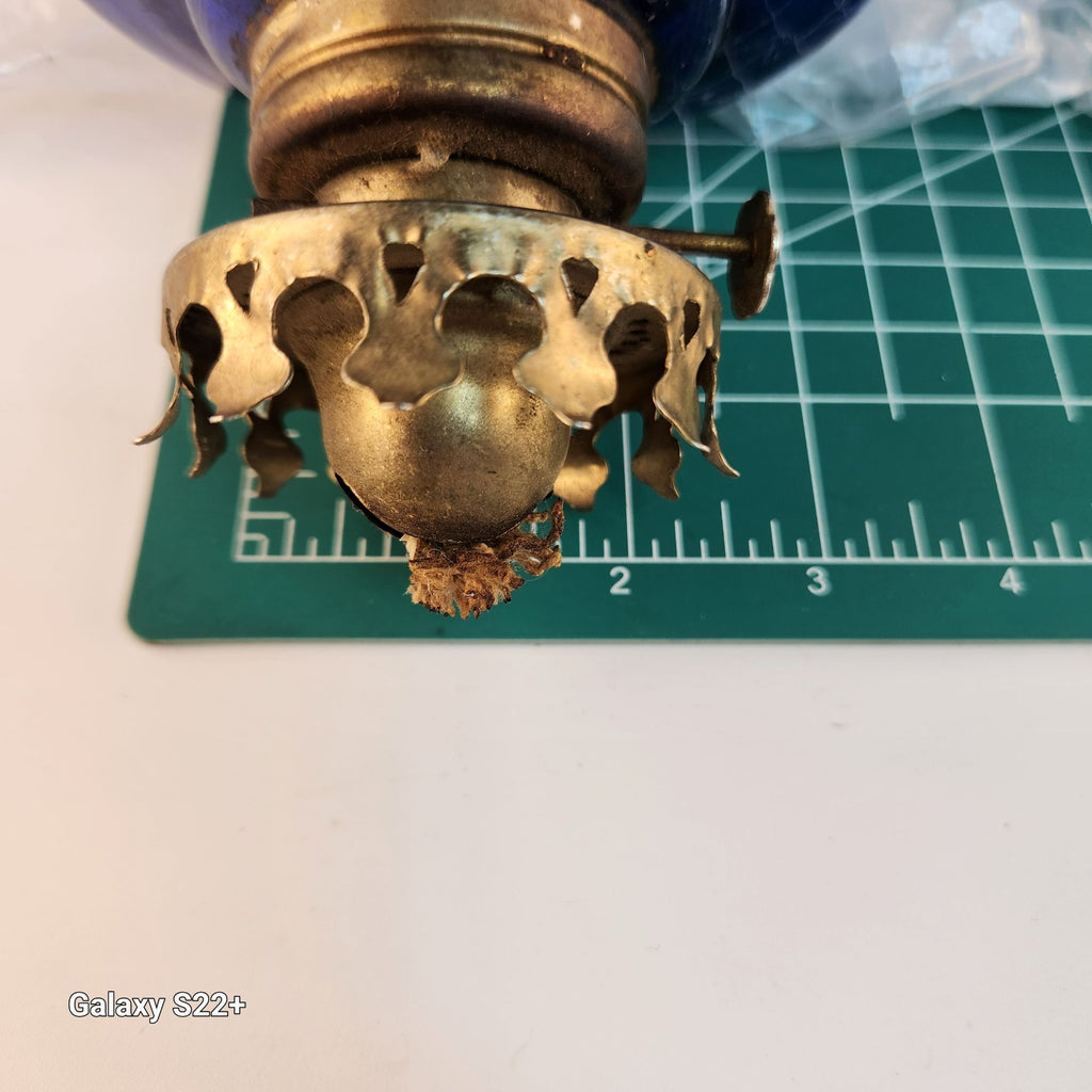 Vintage Blue Glass Mini Oil Lamp | Brass Crown Burner | Made in Hong Kong