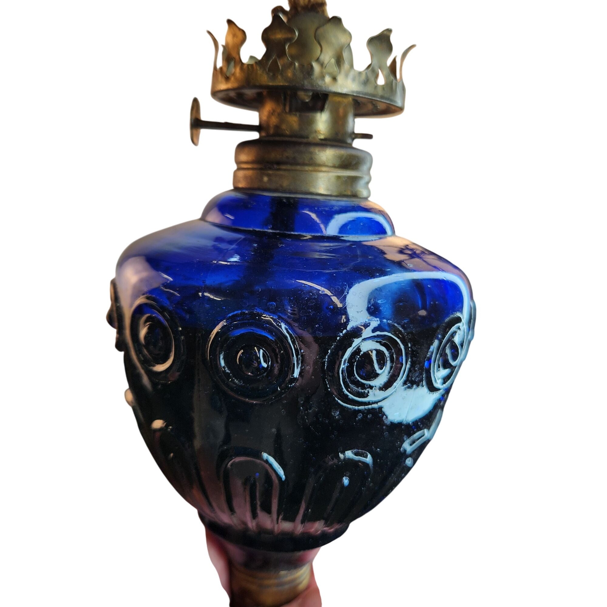 Vintage Blue Glass Mini Oil Lamp | Brass Crown Burner | Made in Hong Kong