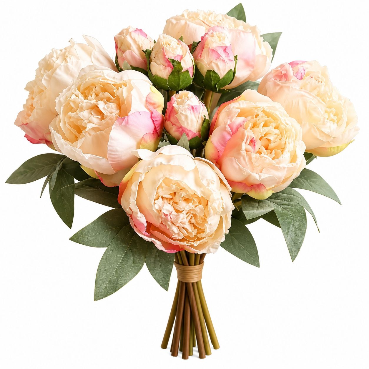 A bouquet of artificial peony flowers in soft peach, cream, and pink tones with green leaves and brown stems, isolated on a white background.