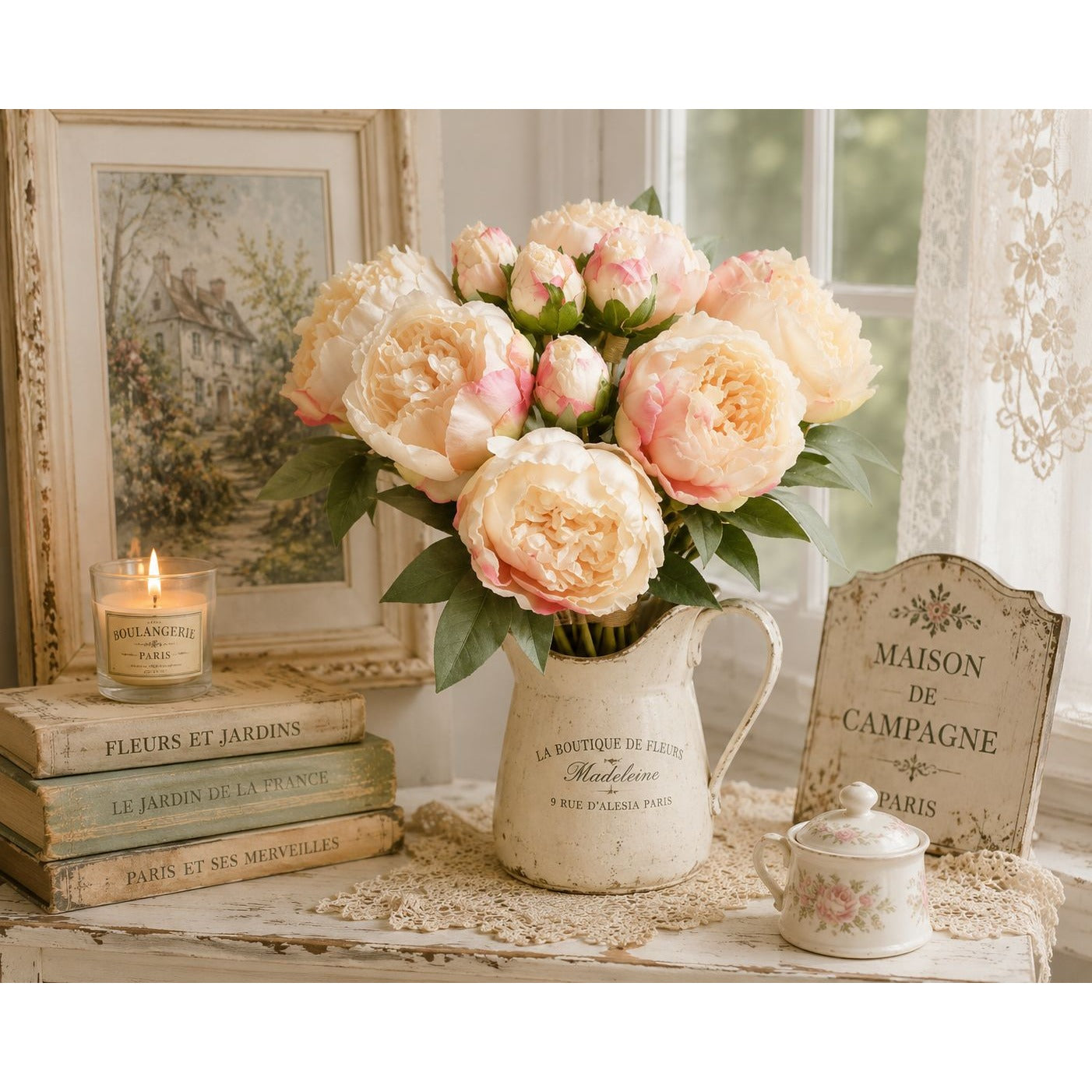 Faux Peony Bouquet Cream Pink Artificial Flowers Cottagecore Decor French Cottage Coastal Grandmother Floral Arrangement