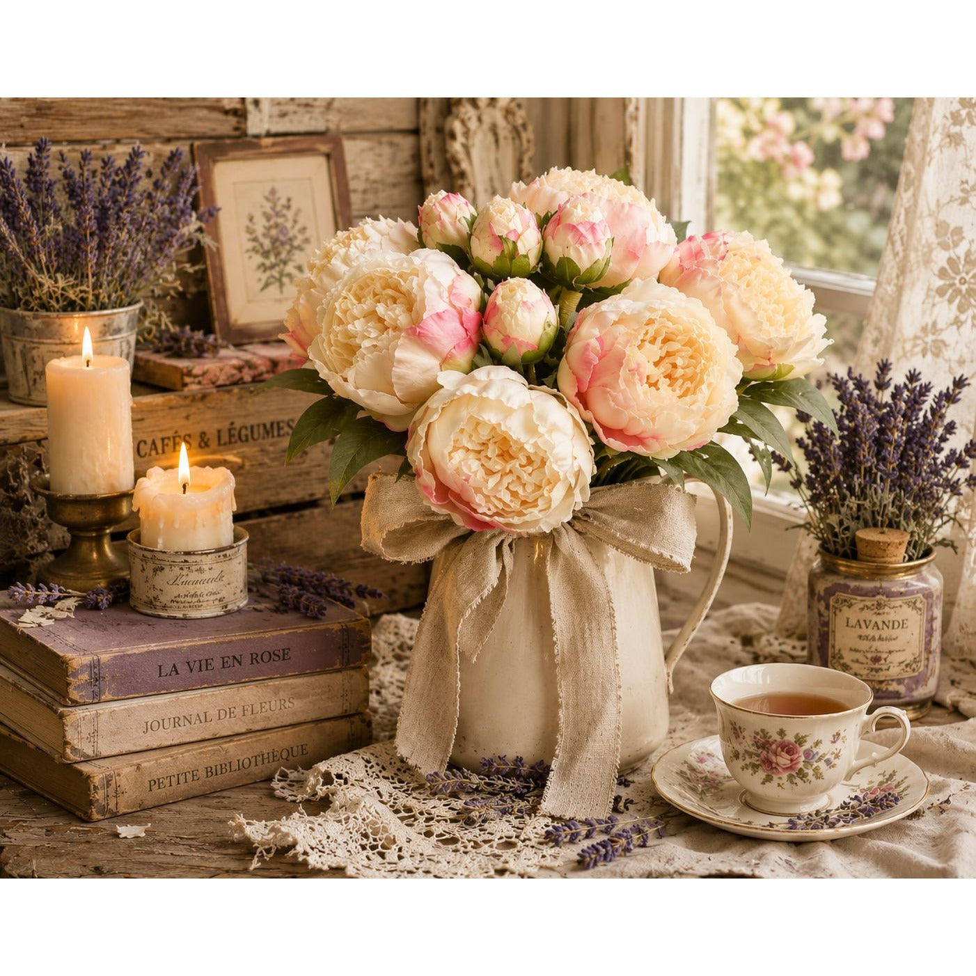 Faux Peony Bouquet Cream Pink Artificial Flowers Cottagecore Decor French Cottage Coastal Grandmother Floral Arrangement