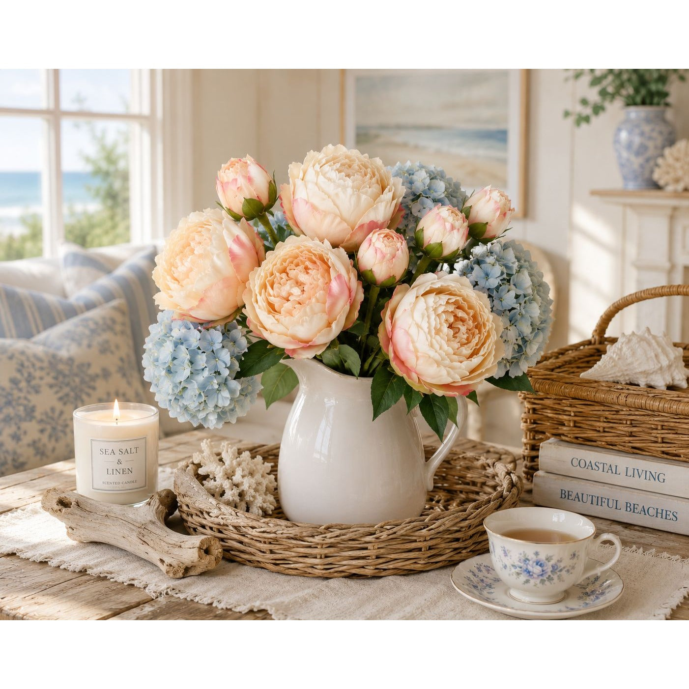 Faux Peony Bouquet Cream Pink Artificial Flowers Cottagecore Decor French Cottage Coastal Grandmother Floral Arrangement