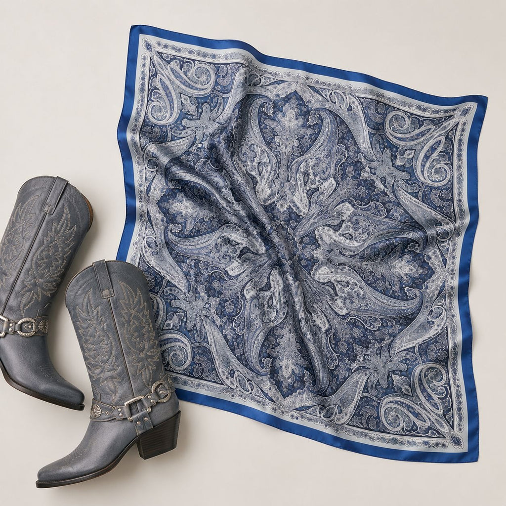 Navy Paisley Satin Scarf 27x27 Wild Rag Western Cowboy Cowgirl Fashion Scarf