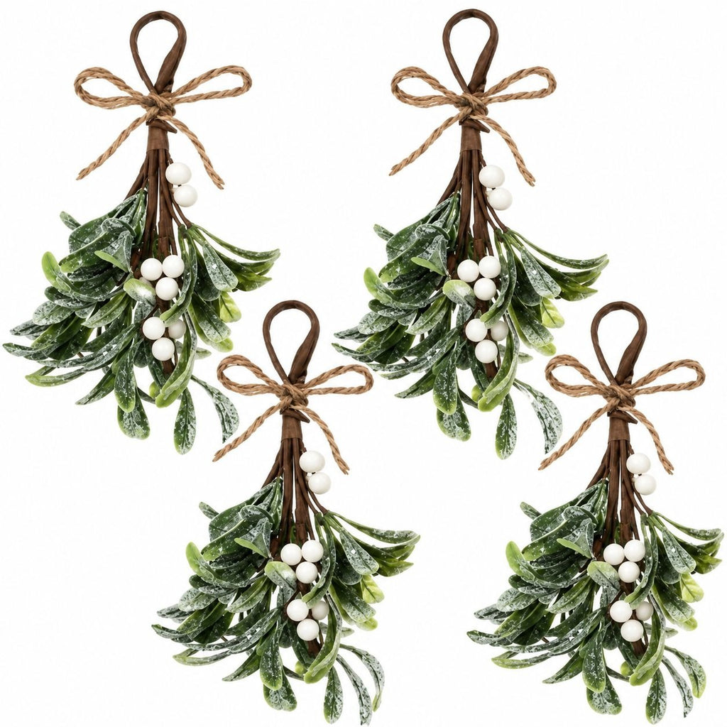 Frosted Faux Mistletoe Sprigs Set of 4, 9in White Berry Christmas Decor