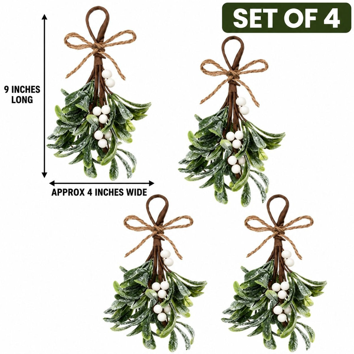 Frosted Faux Mistletoe Sprigs Set of 4, 9in White Berry Christmas Decor