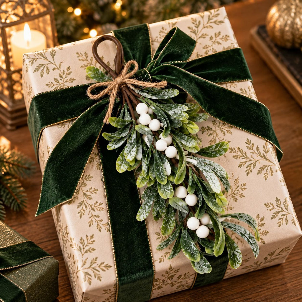 A wrapped gift box tied with a large dark green velvet ribbon and bow, decorated with a faux mistletoe sprig featuring green leaves, white berries, and a brown twine loop, set on a wooden surface with warm holiday lights in the background.